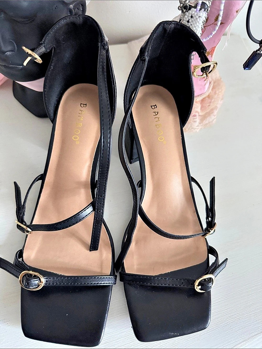 Bamboo Black Strappy Block Heels Square Toe - Size 8